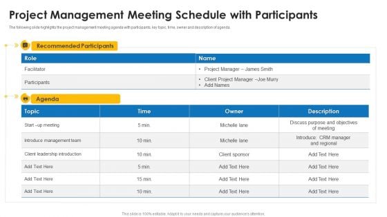 Project Management Meeting Schedule With Participants Ppt Ideas Pictures PDF Project Management Meeting Schedule With Participants Ppt Ideas Pictures PDF