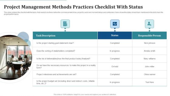 Project Management Methods Practices Checklist With Status Designs PDF