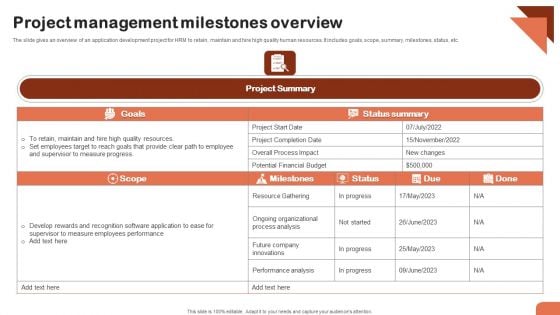 Project Management Milestones Overview Summary PDF