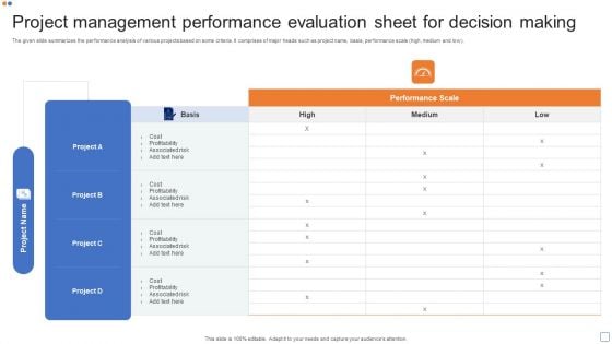 Project Management Performance Evaluation Sheet For Decision Making Ideas PDF