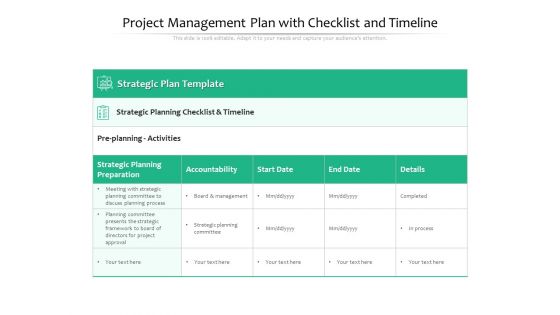 Project Management Plan With Checklist And Timeline Ppt PowerPoint Presentation File Example PDF