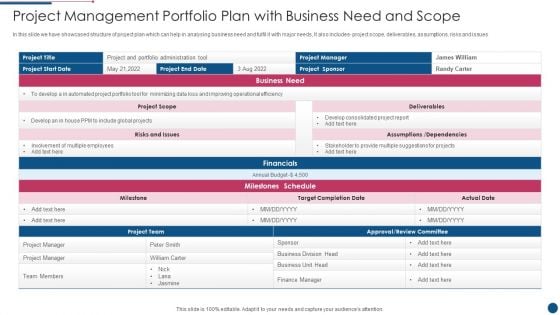 Project Management Portfolio Plan With Business Need And Scope Structure PDF