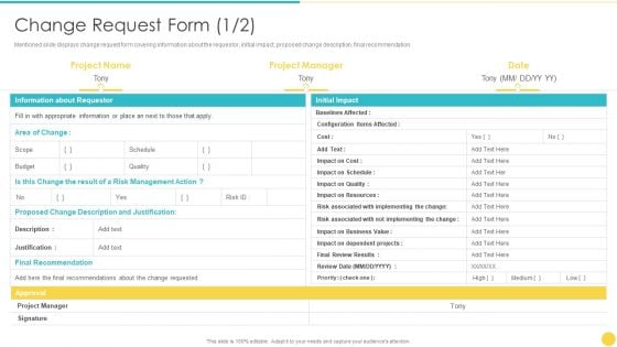 Project Management Professional Toolset IT Change Request Form Portrait PDF