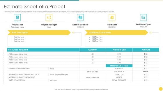 Project Management Professional Toolset IT Estimate Sheet Of A Project Slides PDF