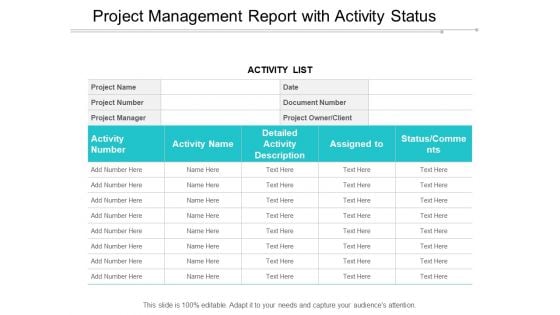 Project Management Report With Activity Status Ppt PowerPoint Presentation Pictures Designs Download Cpb