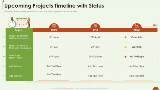 Project Management Under Supervision Upcoming Projects Timeline With Status Formats PDF