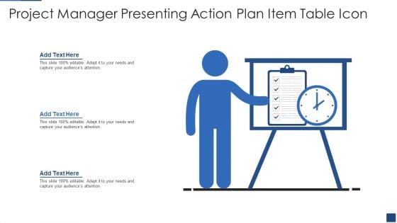 Project Manager Presenting Action Plan Item Table Icon Ppt PowerPoint Presentation File Visuals PDF