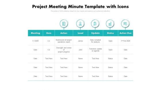 Project Meeting Minute Template With Icons Ppt PowerPoint Presentation Ideas Diagrams