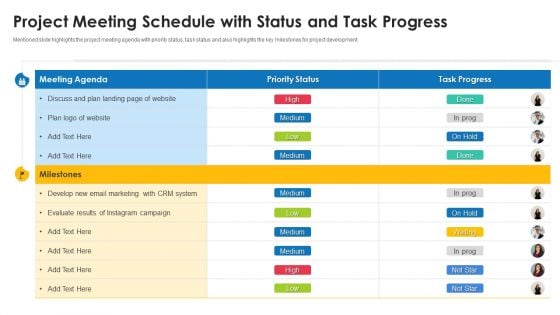 Project Meeting Schedule With Status And Task Progress Ppt Styles Graphics Template PDF