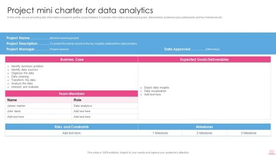 Project Mini Charter For Data Analytics Business Analysis Modification Toolkit Designs PDF