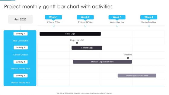 Project Monthly Gantt Bar Chart With Activities Structure PDF