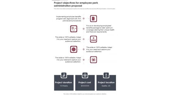 Project Objectives For Employee Perk Administration Proposal One Pager Sample Example Document Project Objectives For Employee Perk Administration Proposal One Pager Sample Example Document