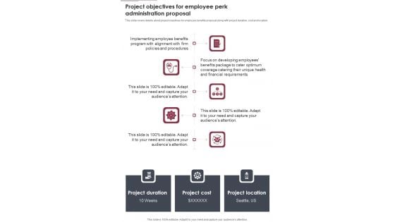 Project Objectives For Employee Perk Administration Proposal One Pager Sample Example Document