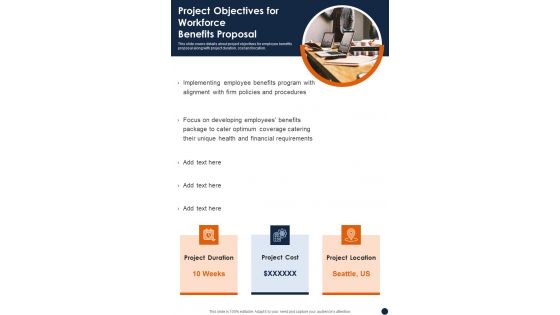 Project Objectives For Workforce Benefits Proposal One Pager Sample Example Document