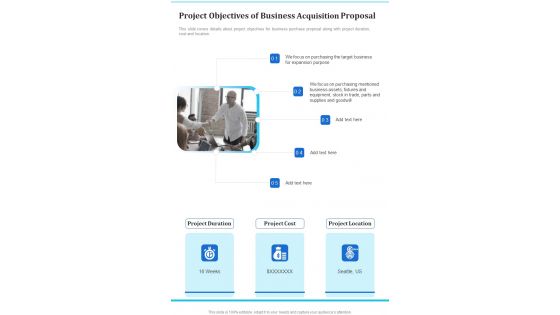 Project Objectives Of Business Acquisition Proposal One Pager Sample Example Document