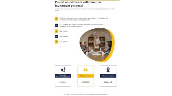 Project Objectives Of Collaboration Investment Proposal One Pager Sample Example Document