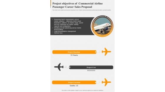 Project Objectives Of Commercial Airline Passenger Career Sales Proposal One Pager Sample Example Document