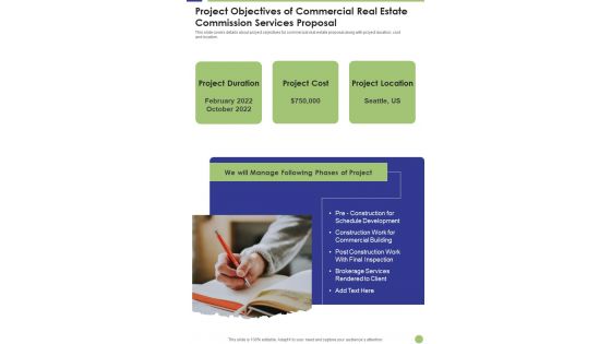 Project Objectives Of Commercial Real Estate Commission Services Proposal One Pager Sample Example Document