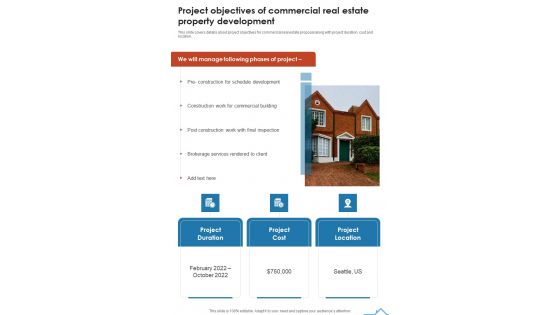 Project Objectives Of Commercial Real Estate Property Development One Pager Sample Example Document