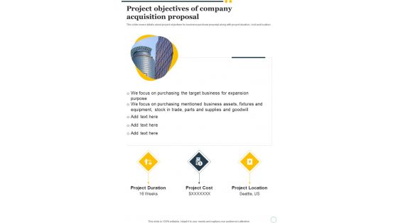 Project Objectives Of Company Acquisition Proposal One Pager Sample Example Document