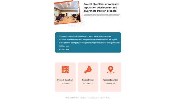 Project Objectives Of Company Reputation Development And Awareness Creation One Pager Sample Example Document