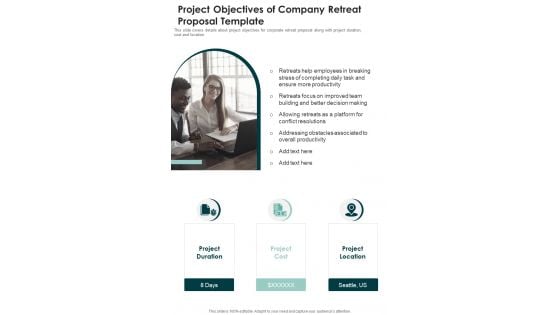 Project Objectives Of Company Retreat Proposal Template One Pager Sample Example Document