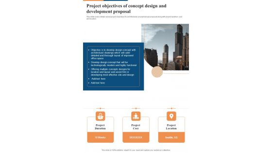 Project Objectives Of Concept Design And Development Proposal One Pager Sample Example Document