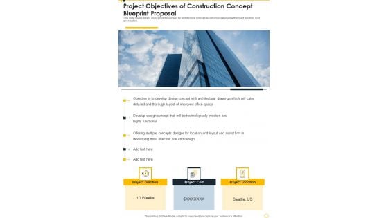 Project Objectives Of Construction Concept Blueprint Proposal One Pager Sample Example Document