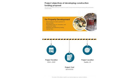 Project Objectives Of Developing Construction Funding Proposal One Pager Sample Example Document