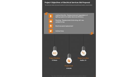 Project Objectives Of Electrical Services Bid Proposal One Pager Sample Example Document