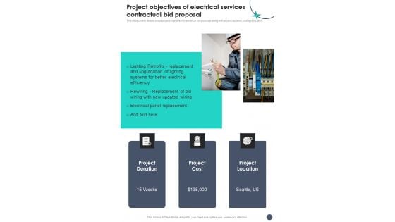Project Objectives Of Electrical Services Contractual Bid Proposal One Pager Sample Example Document Project Objectives Of Electrical Services Contractual Bid Proposal One Pager Sample Example Document