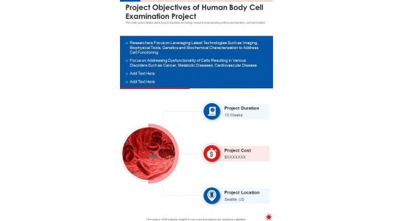 Project Objectives Of Human Body Cell Examination Project One Pager Sample Example Document