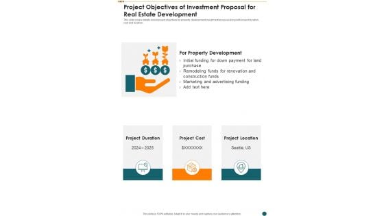 Project Objectives Of Investment Proposal For Real Estate Development One Pager Sample Example Document