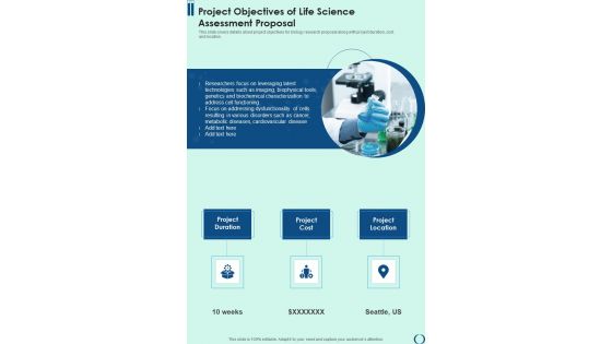 Project Objectives Of Life Science Assessment Proposal One Pager Sample Example Document