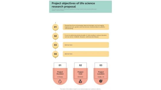 Project Objectives Of Life Science Research Proposal One Pager Sample Example Document