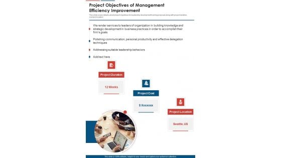 Project Objectives Of Management Efficiency Improvement One Pager Sample Example Document Project Objectives Of Management Efficiency Improvement One Pager Sample Example Document