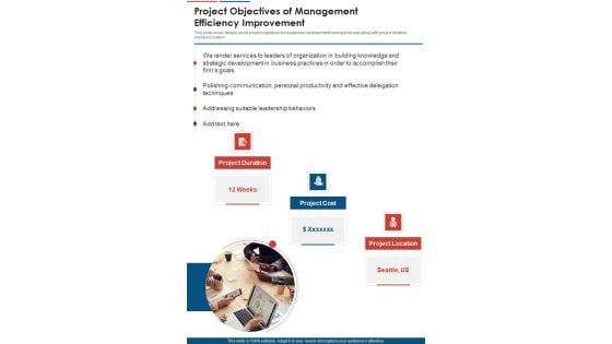 Project Objectives Of Management Efficiency Improvement One Pager Sample Example Document