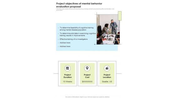 Project Objectives Of Mental Behavior Evaluation Proposal One Pager Sample Example Document Project Objectives Of Mental Behavior Evaluation Proposal One Pager Sample Example Document