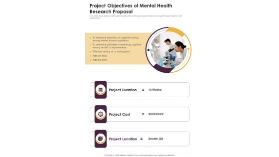 Project Objectives Of Mental Health Research Proposal One Pager Sample Example Document