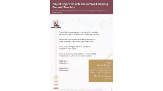 Project Objectives Of Music Carnival Financing Proposal Template One Pager Sample Example Document