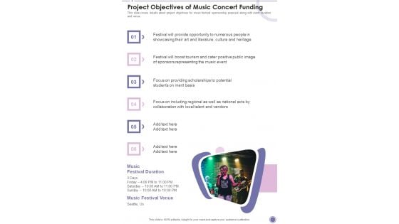 Project Objectives Of Music Concert Funding One Pager Sample Example Document Project Objectives Of Music Concert Funding One Pager Sample Example Document
