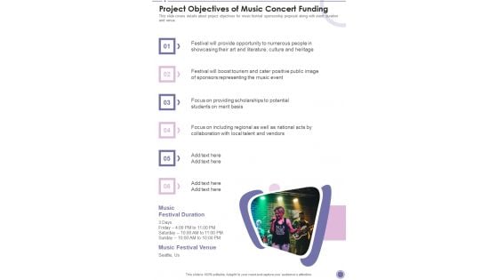 Project Objectives Of Music Concert Funding One Pager Sample Example Document