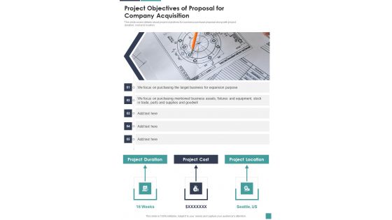 Project Objectives Of Proposal For Company Acquisition One Pager Sample Example Document