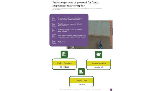 Project Objectives Of Proposal For Fungal Inspection Service Company One Pager Sample Example Document