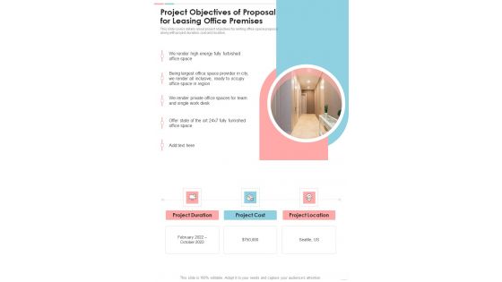 Project Objectives Of Proposal For Leasing Office Premises One Pager Sample Example Document