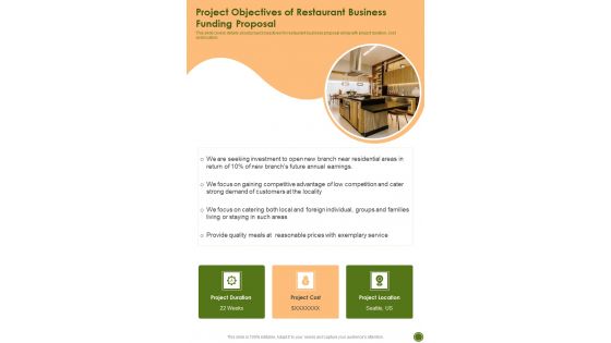 Project Objectives Of Restaurant Business Funding Proposal One Pager Sample Example Document