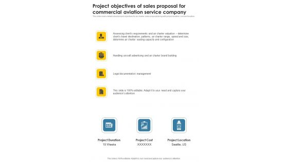 Project Objectives Of Sales Proposal For Commercial Aviation Service Company One Pager Sample Example Document