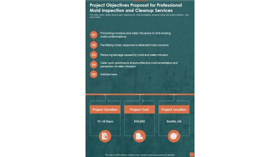 Project Objectives Proposal For Professional Mold Inspection And Cleanup Services One Pager Sample Example Document Project Objectives Proposal For Professional Mold Inspection And Cleanup Services One Pager Sample Example Document