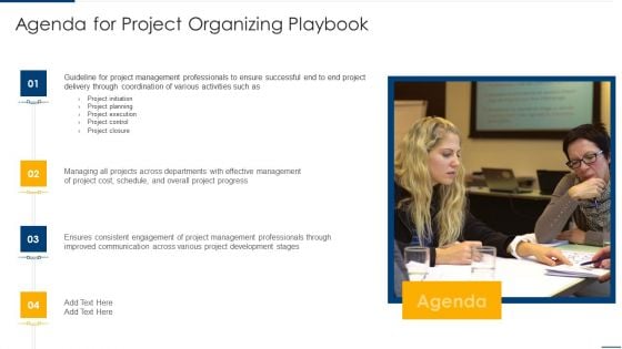 Project Organizing Playbook Agenda For Project Organizing Playbook Portrait PDF