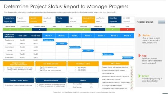 Project Organizing Playbook Determine Project Status Report To Manage Progress Infographics PDF